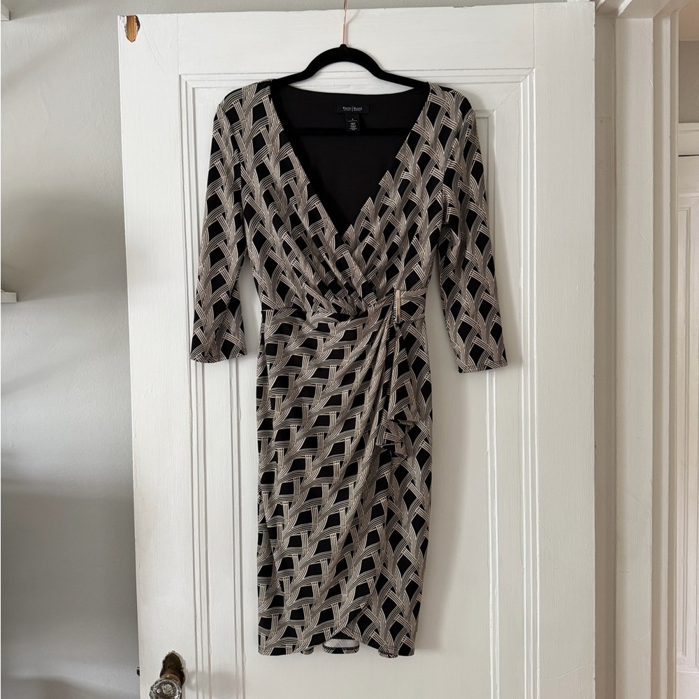 White House Black Market Black and Beige Geometric Wrap Dress